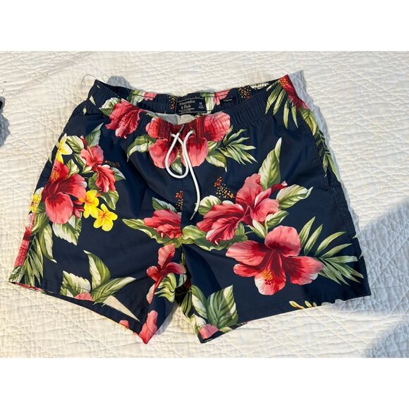 Abercrombie Fitch Mens Swimsuit Medium Navy Pink Floral Hawaiian Board Shorts - Picture 4 of 12